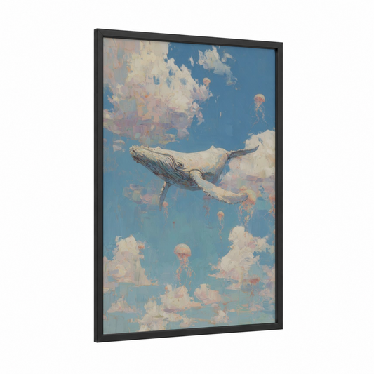Dreaming Whale framed gray whale print — black wood frame — blue and cream palette
