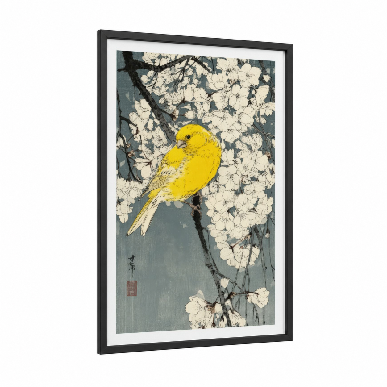 Golden Canary Blossoms framed canaries print — black wood frame — yellow gold and blue and white palette