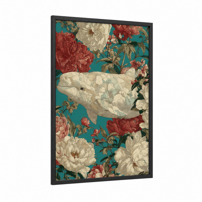 Floral Beluga Whale framed art print — black wood frame — teal and cream palette