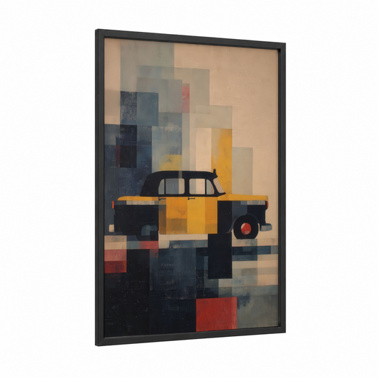 Golden Taxi Cab framed art print — black wood frame — gold and black palette