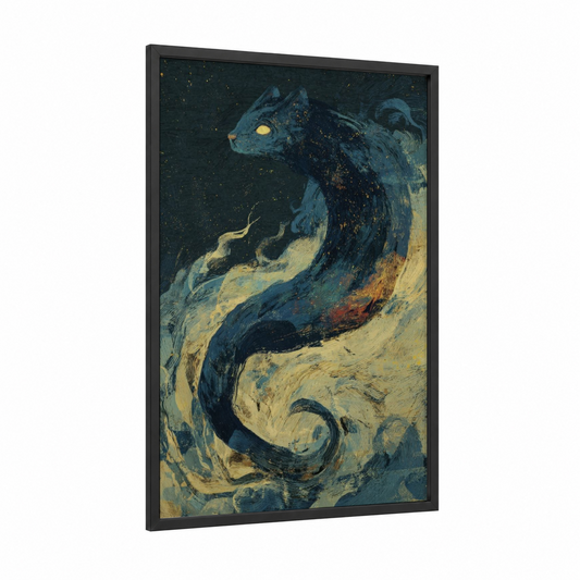 Mystical Chimera framed art print — black wood frame — dark blue and gold palette