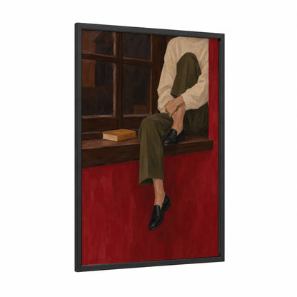 Contemplative Figure at Window Wall Art framed reading print — black wood frame — olive and red palette