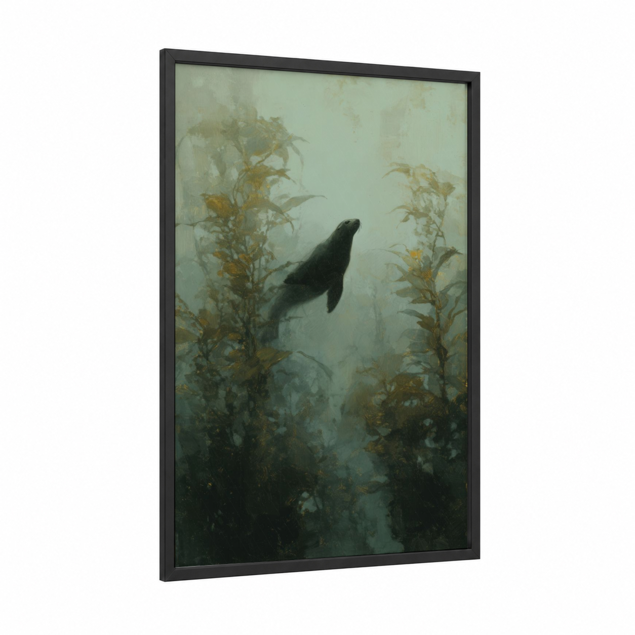 Kelp Forest Sea Lion framed art print — black wood frame — sage green and cream palette