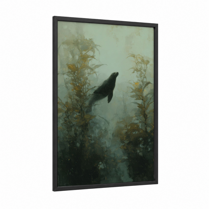 Kelp Forest Sea Lion framed art print — black wood frame — sage green and cream palette