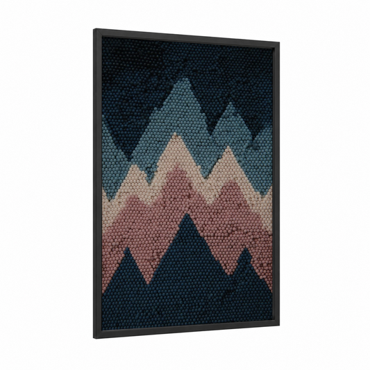 Layered Mountain Beadwork framed art print — black wood frame — bermuda gray and salmon pink palette