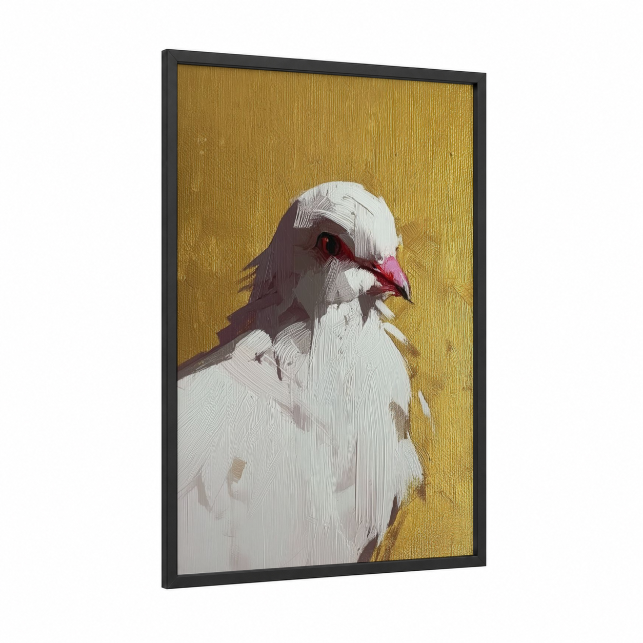 Golden Pigeon framed art print — black wood frame — gold and white palette