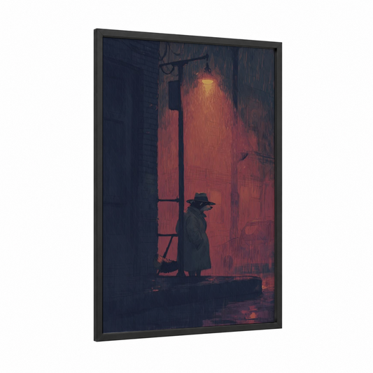 Noir Raccoon framed art print — black wood frame — maroon and black palette
