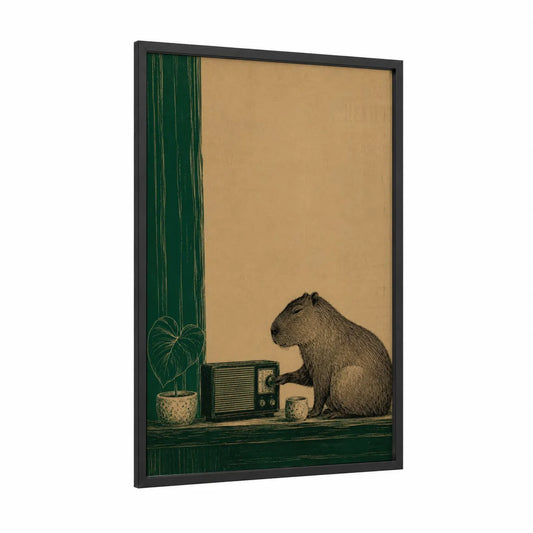 Capybara Listening to Vintage Radio Wall Art framed animals print — black wood frame — true green and beige palette