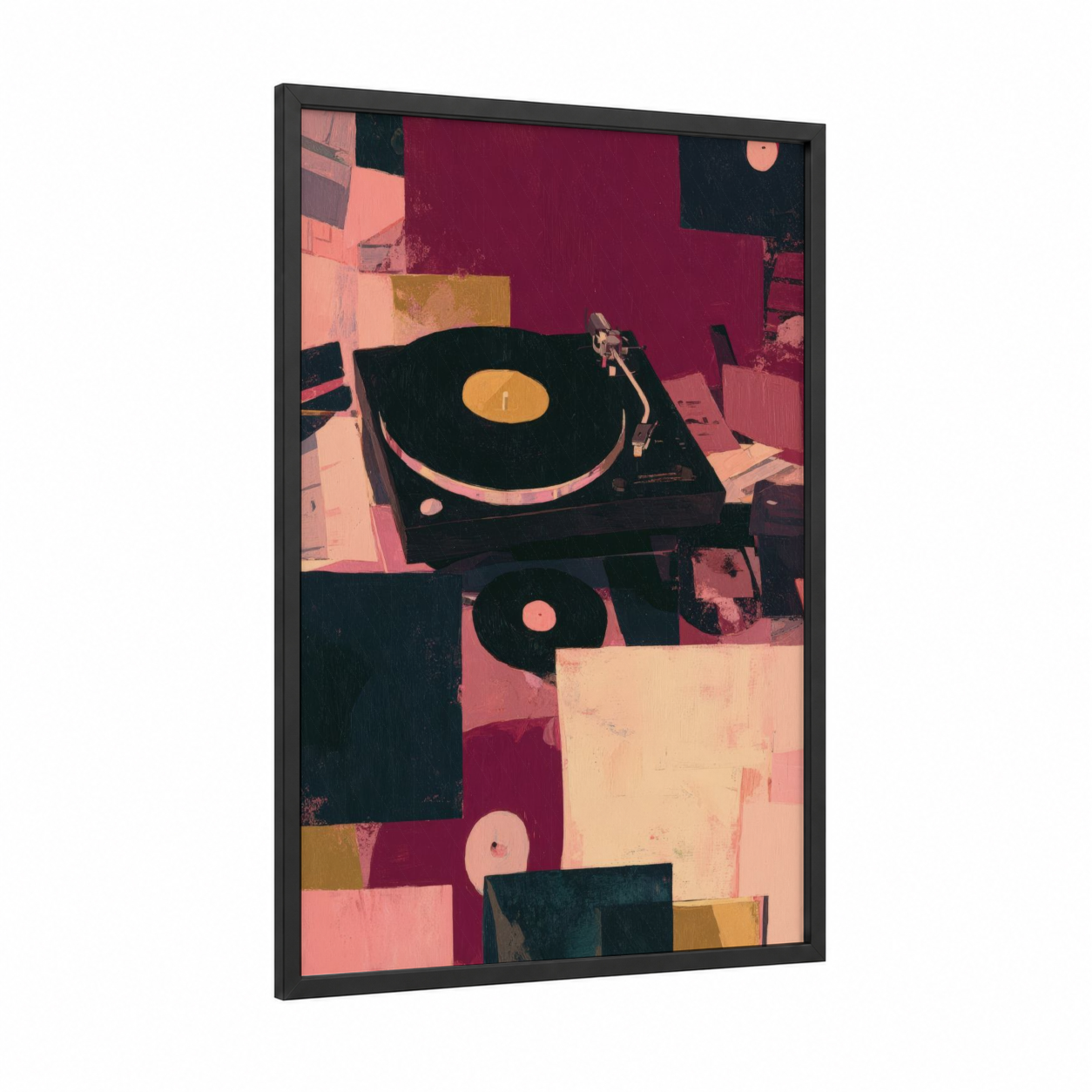 Retro Turntable framed vinyl records print — black wood frame — maroon and salmon pink palette