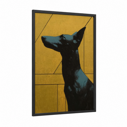 Contemplative Terrier framed art print — black wood frame — gold and black and gold palette