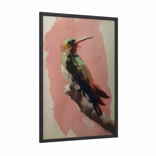 Crimson Hummingbird framed art print — black wood frame — salmon pink and gold palette