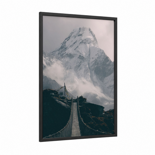 Mountain Bridge Passage framed bridges print — black wood frame — gray and white palette