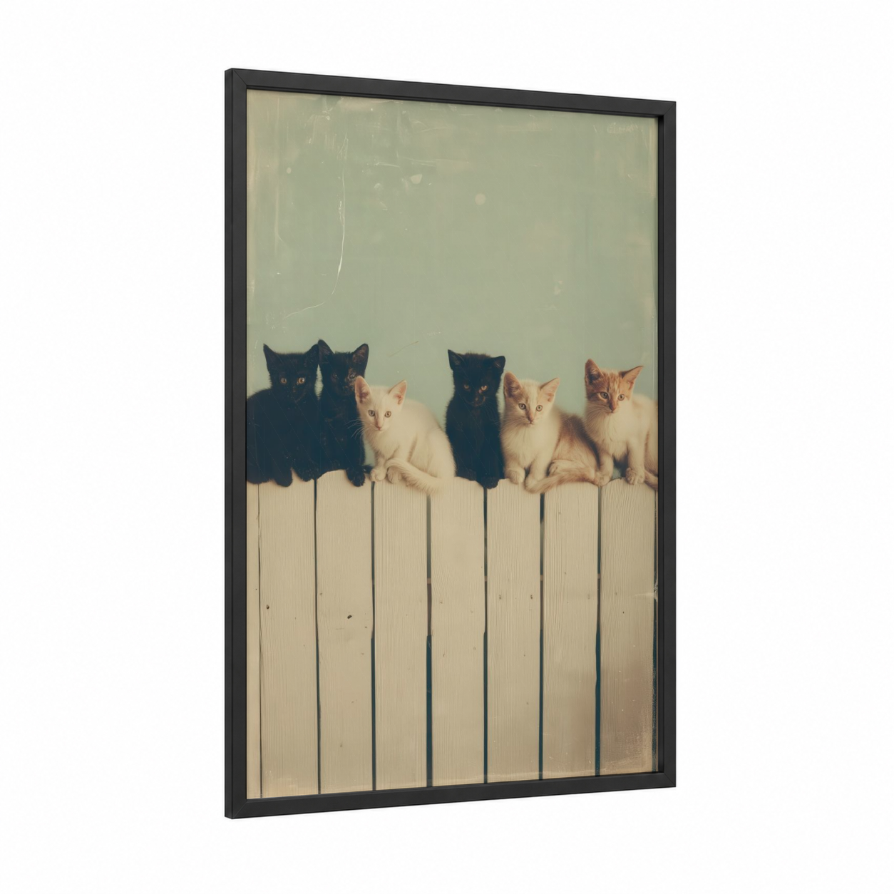 Fence Cats framed art print — black wood frame — cream and dove gray palette
