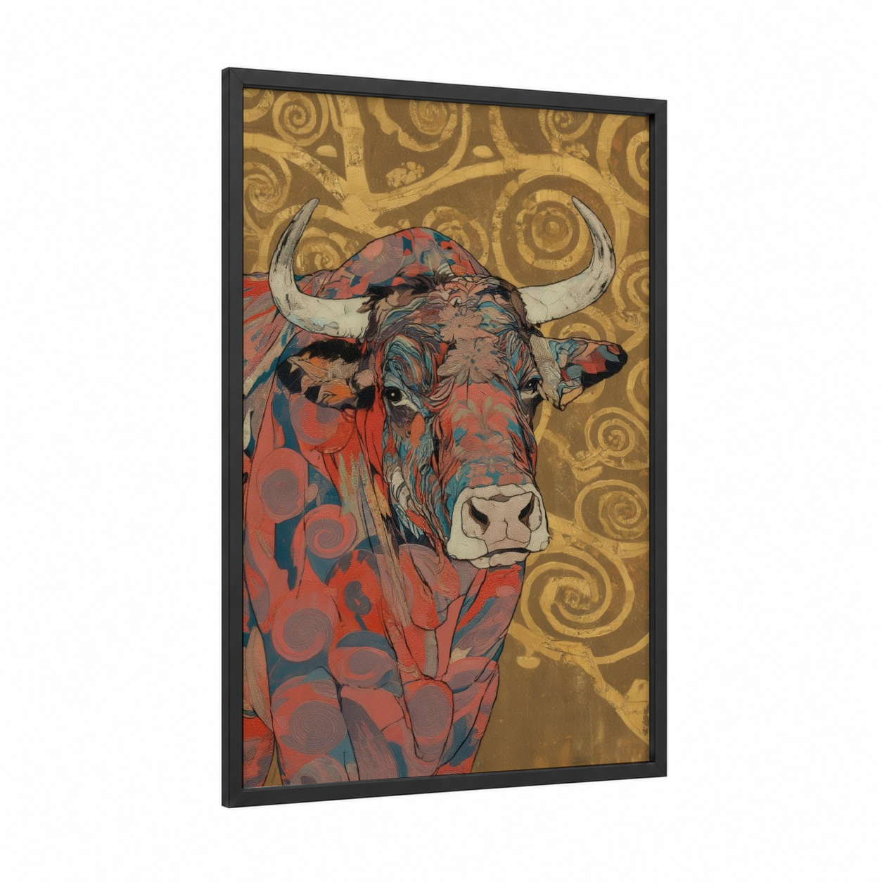 Patterned Bull framed art print — black wood frame — red and gold palette