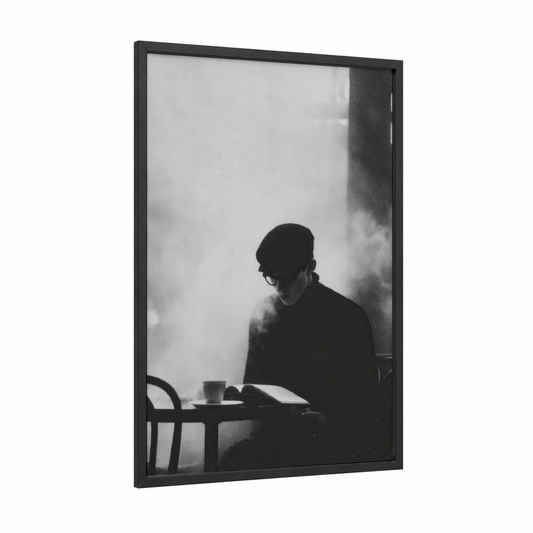 Contemplative Reader framed retro fashion print — black wood frame — black and white and gray palette