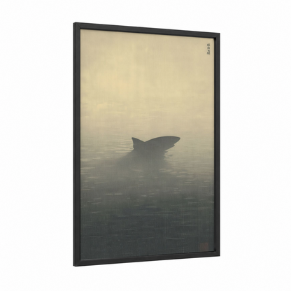 Misty Basking Shark framed art print — black wood frame — gray and dove gray palette