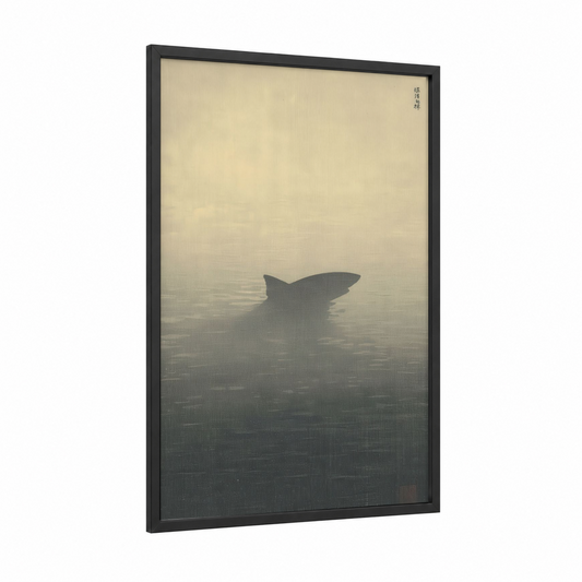 Misty Basking Shark framed art print — black wood frame — gray and dove gray palette