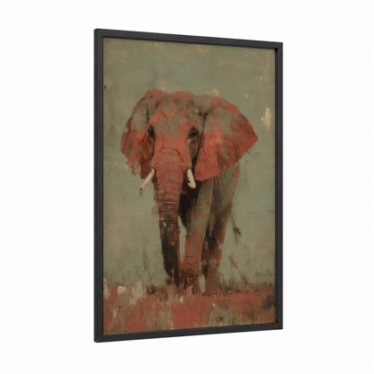 Crimson Savanna Elephant framed art print — black wood frame — russet and sage green palette