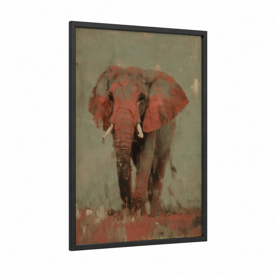 Crimson Savanna Elephant framed art print — black wood frame — russet and sage green palette