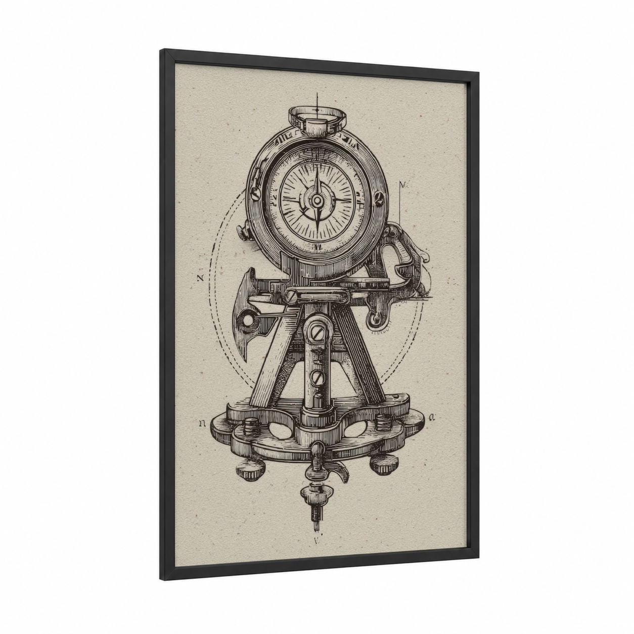 Vintage Sextant framed art print — black wood frame — black and white and cream palette