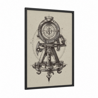 Vintage Sextant framed art print — black wood frame — black and white and cream palette