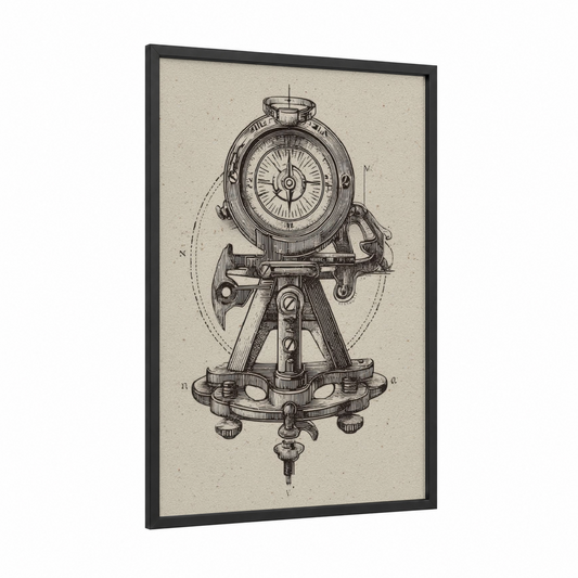 Vintage Sextant framed art print — black wood frame — black and white and cream palette