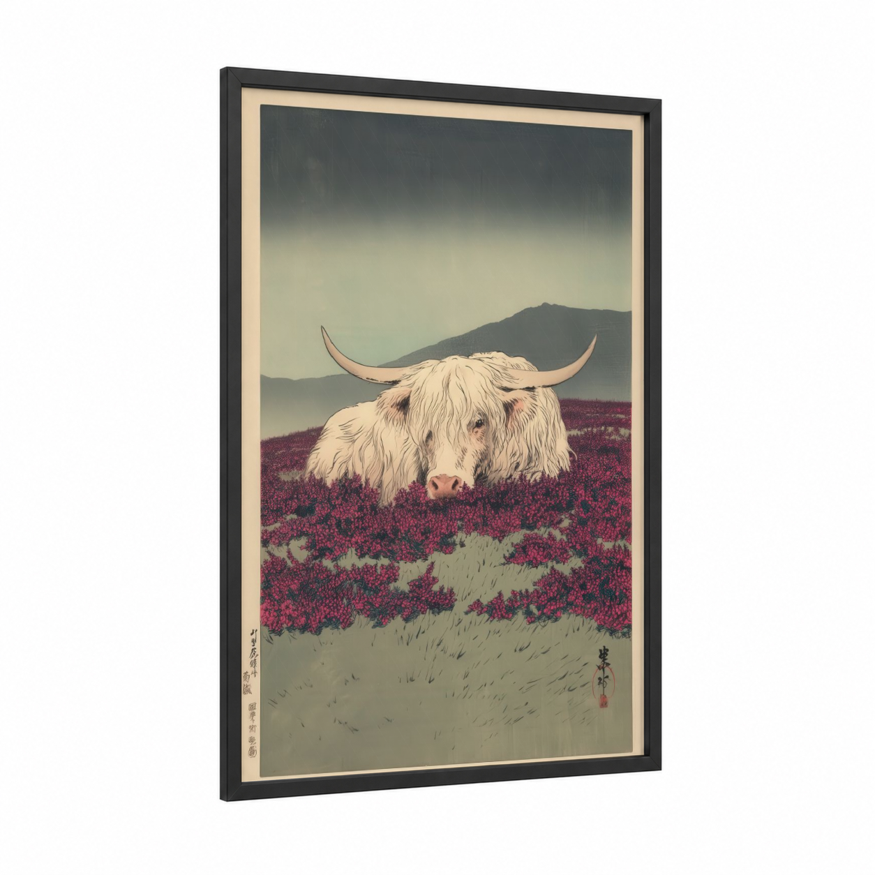 Highland Heather framed highland cow print — black wood frame — magenta and sage green palette