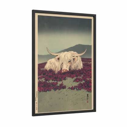 Highland Heather framed highland cow print — black wood frame — magenta and sage green palette