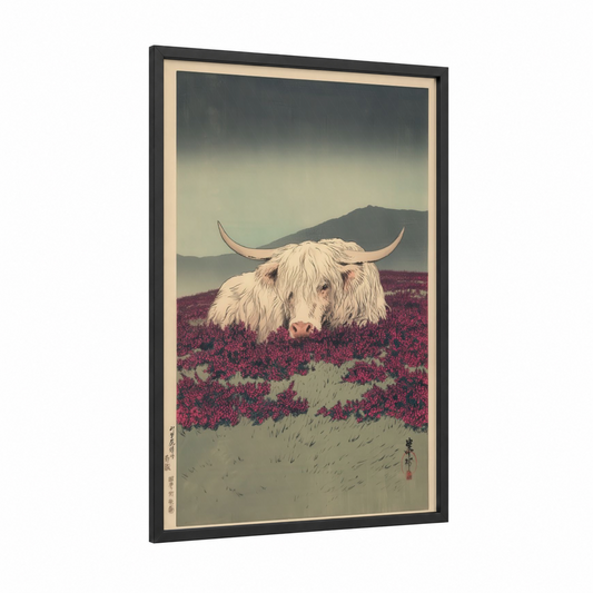 Highland Heather framed highland cow print — black wood frame — magenta and sage green palette