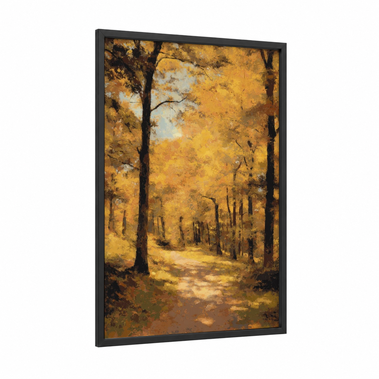 Golden Autumn Path framed art print — black wood frame — yellow gold and brown palette