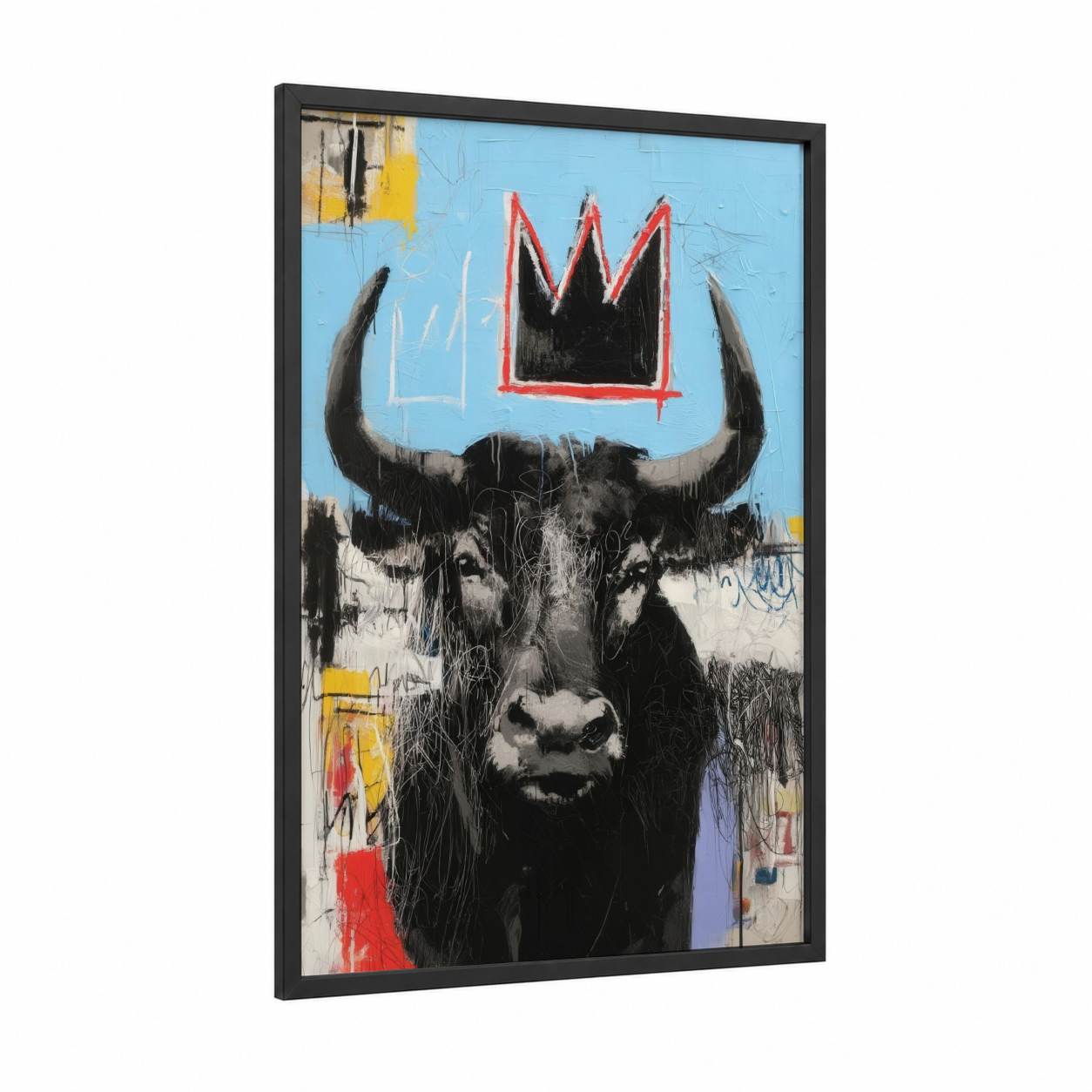 Crowned Bull framed art print — black wood frame — blue and black palette