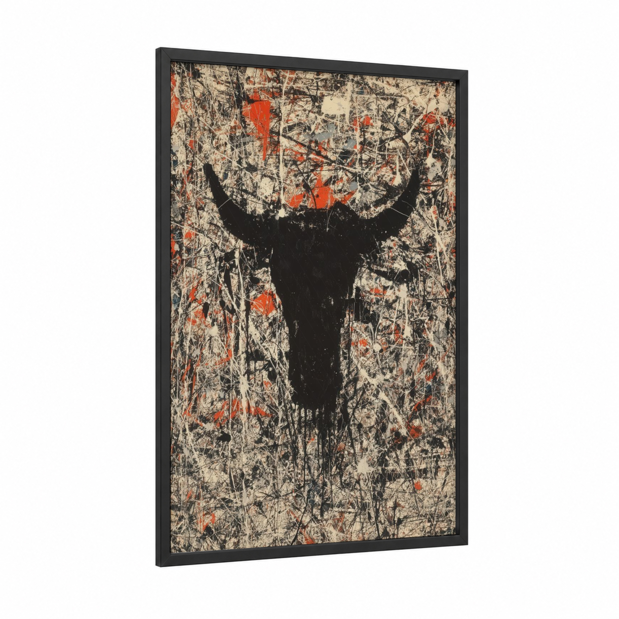 Abstract Bull framed art print — black wood frame — black and red and cream palette