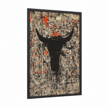 Abstract Bull framed art print — black wood frame — black and red and cream palette