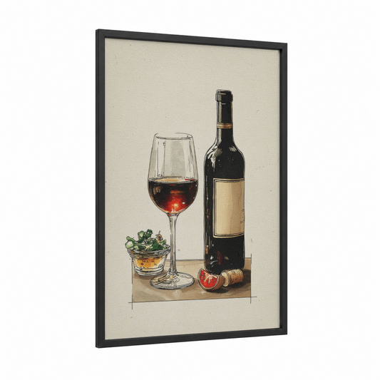 Red Wine Evening framed art print — black wood frame — cream and red palette
