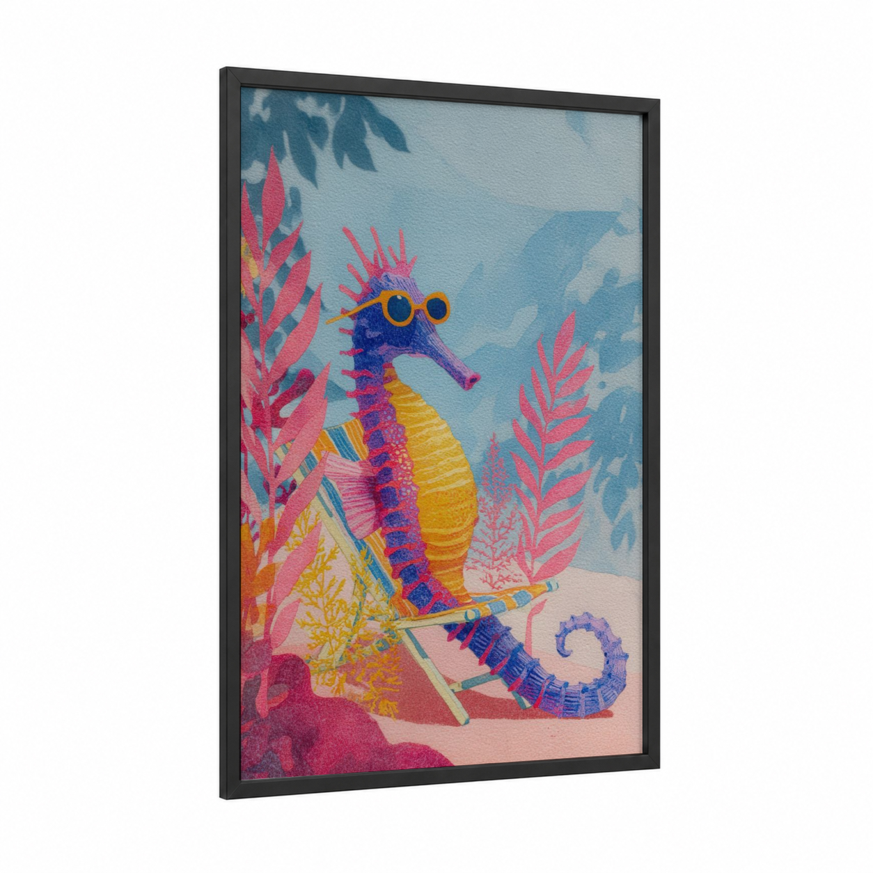 Vibrant Seahorse framed sea horse print — black wood frame — blue and pink palette