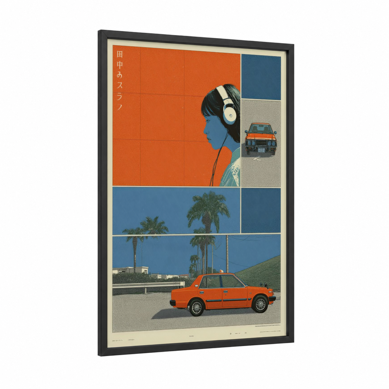Urban Dreamer framed japanese y2k print — black wood frame — orange and blue palette
