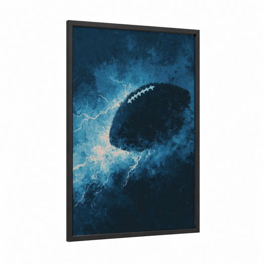 Aerial Football framed art print — black wood frame — blue and black and white palette