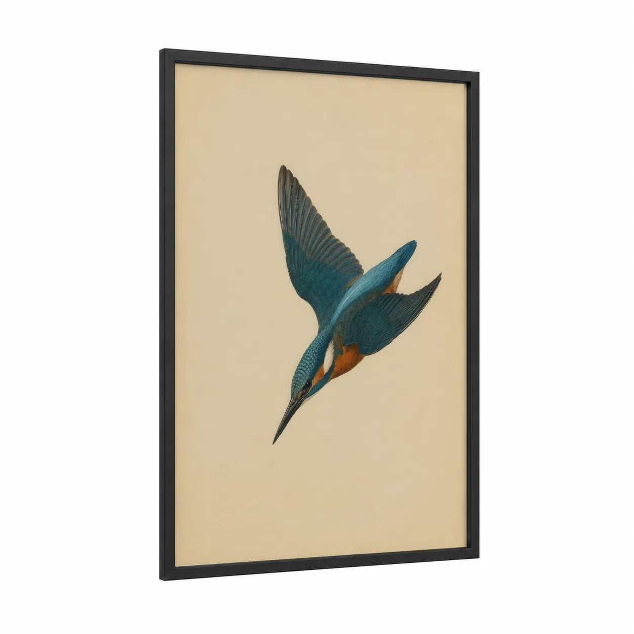 Diving Kingfisher Bird Wall Art framed birds print — black wood frame — blue and beige palette