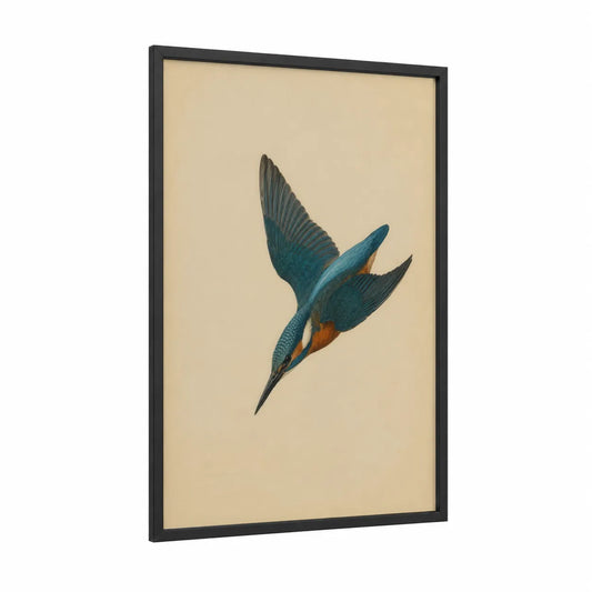Diving Kingfisher Bird Wall Art framed birds print — black wood frame — blue and beige palette