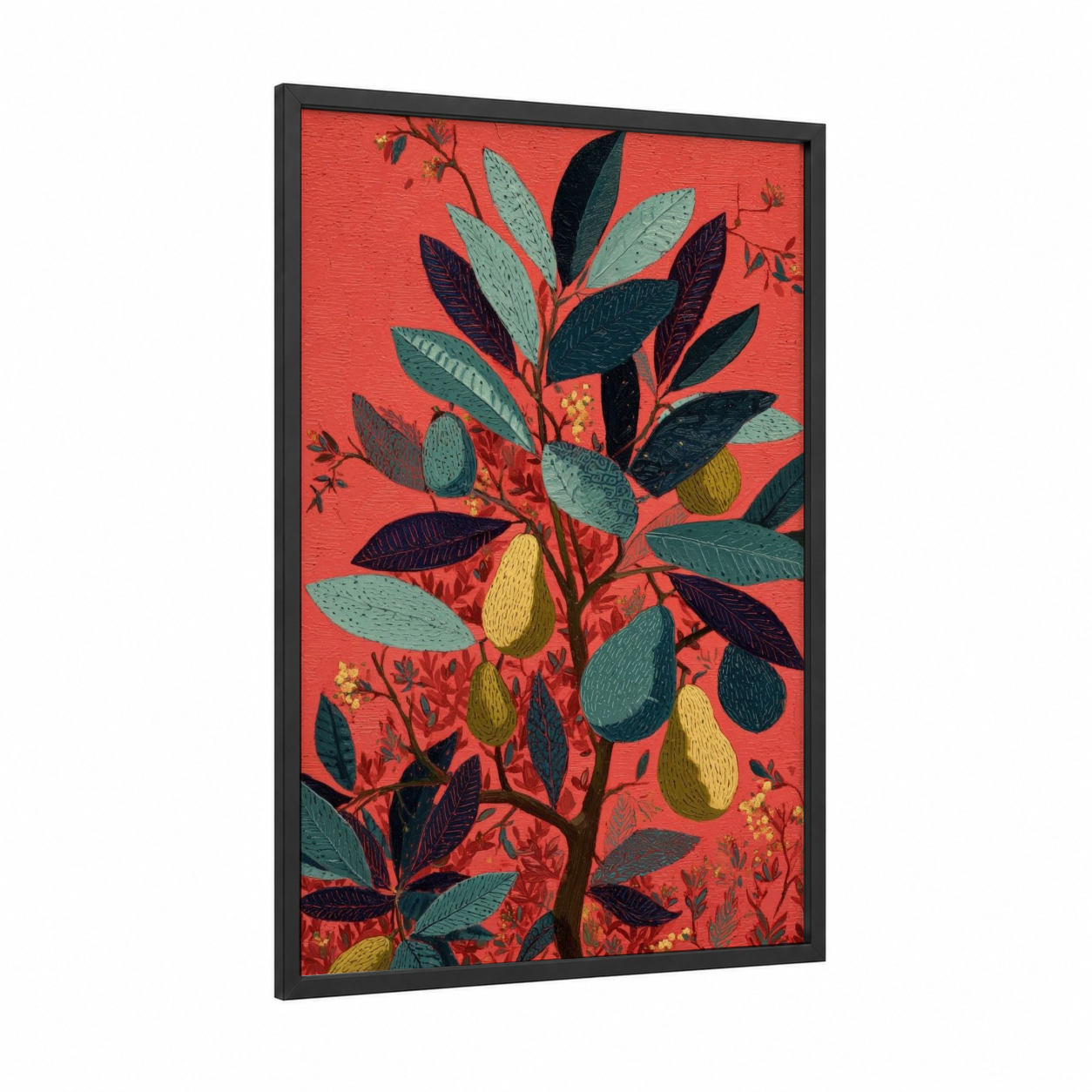 Crimson Fruit Tree framed fruit trees print — black wood frame — red and sage green palette
