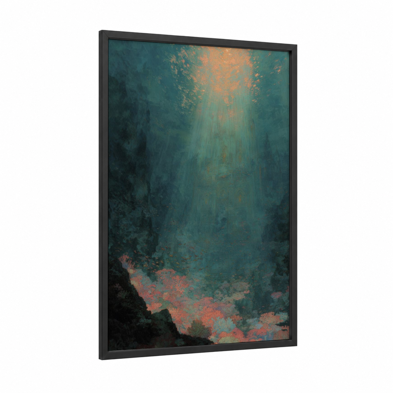 Glowing Coral Cathedral framed art print — black wood frame — teal and gold palette