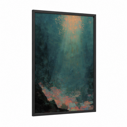 Glowing Coral Cathedral framed art print — black wood frame — teal and gold palette