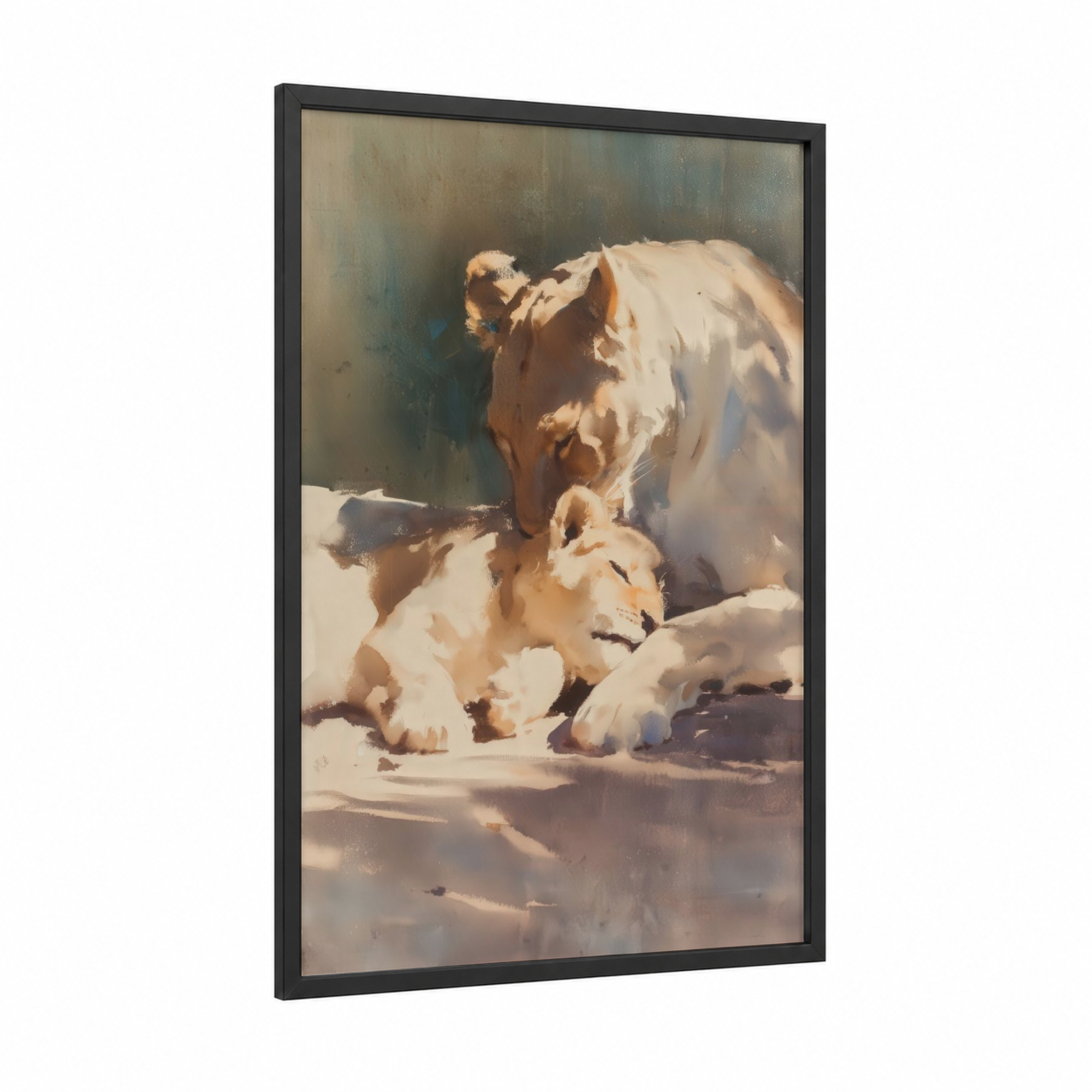 Snowy Lion Pair framed art print — black wood frame — gold and white palette