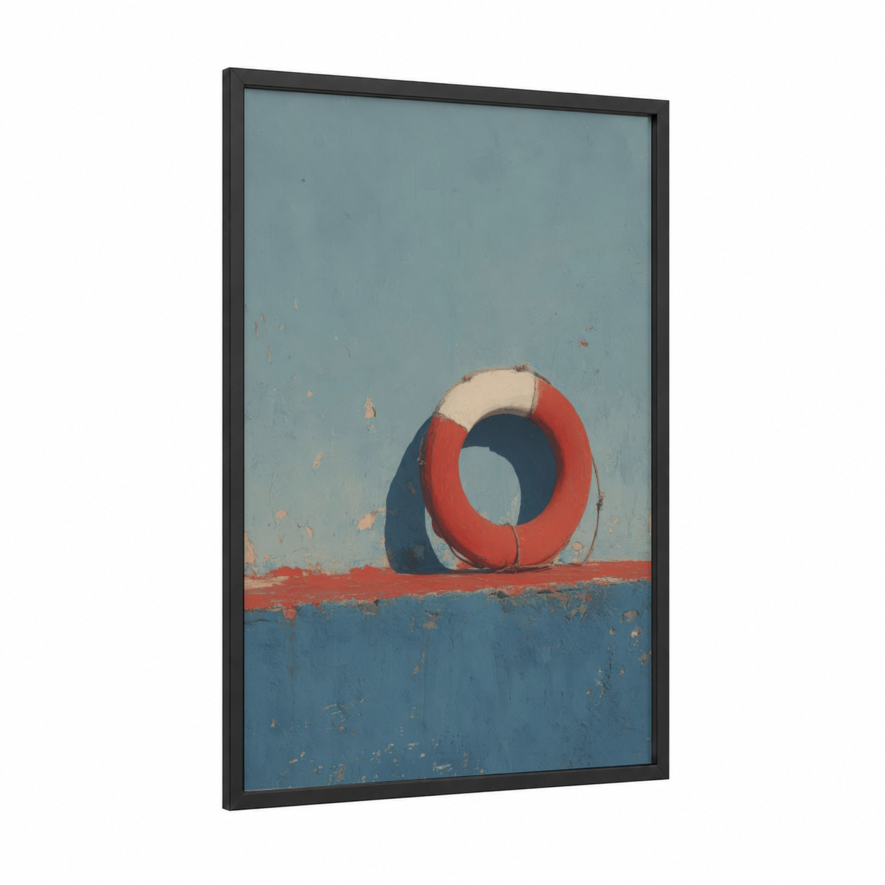 Weathered Life Ring framed art print — black wood frame — blue and red palette