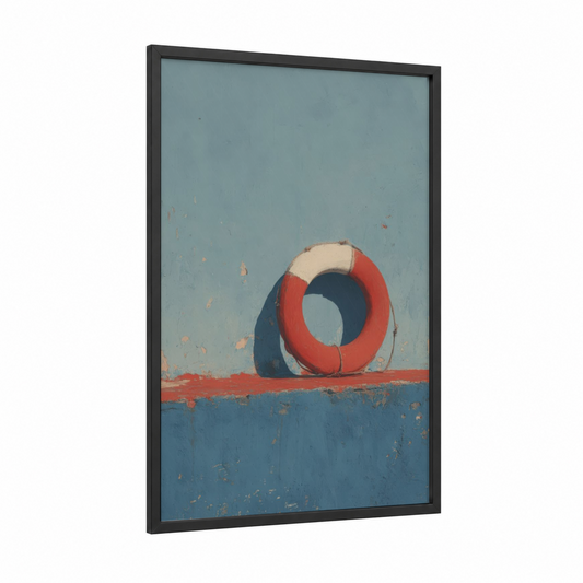 Weathered Life Ring framed art print — black wood frame — blue and red palette