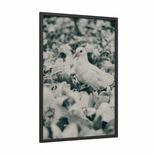 White Dove Garden framed art print — black wood frame — white and sage green palette