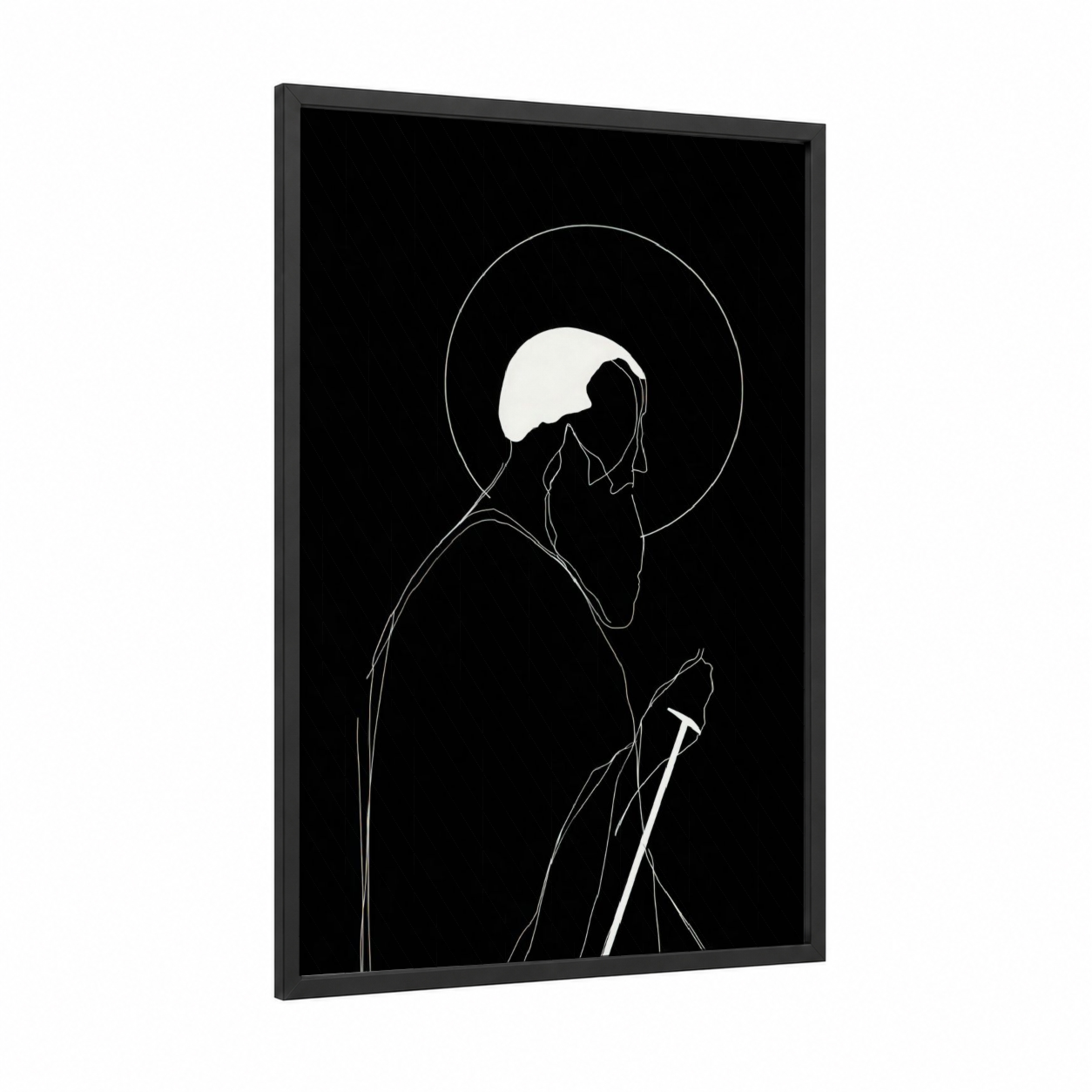 Apostle Paul Contemplation framed st. paul print — black wood frame — black and white and white palette