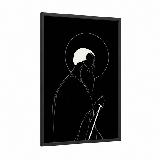 Apostle Paul Contemplation framed st. paul print — black wood frame — black and white and white palette