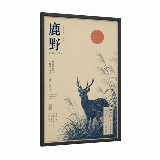 Japanese Deer Field Wall Art framed art print — black wood frame — beige and black palette