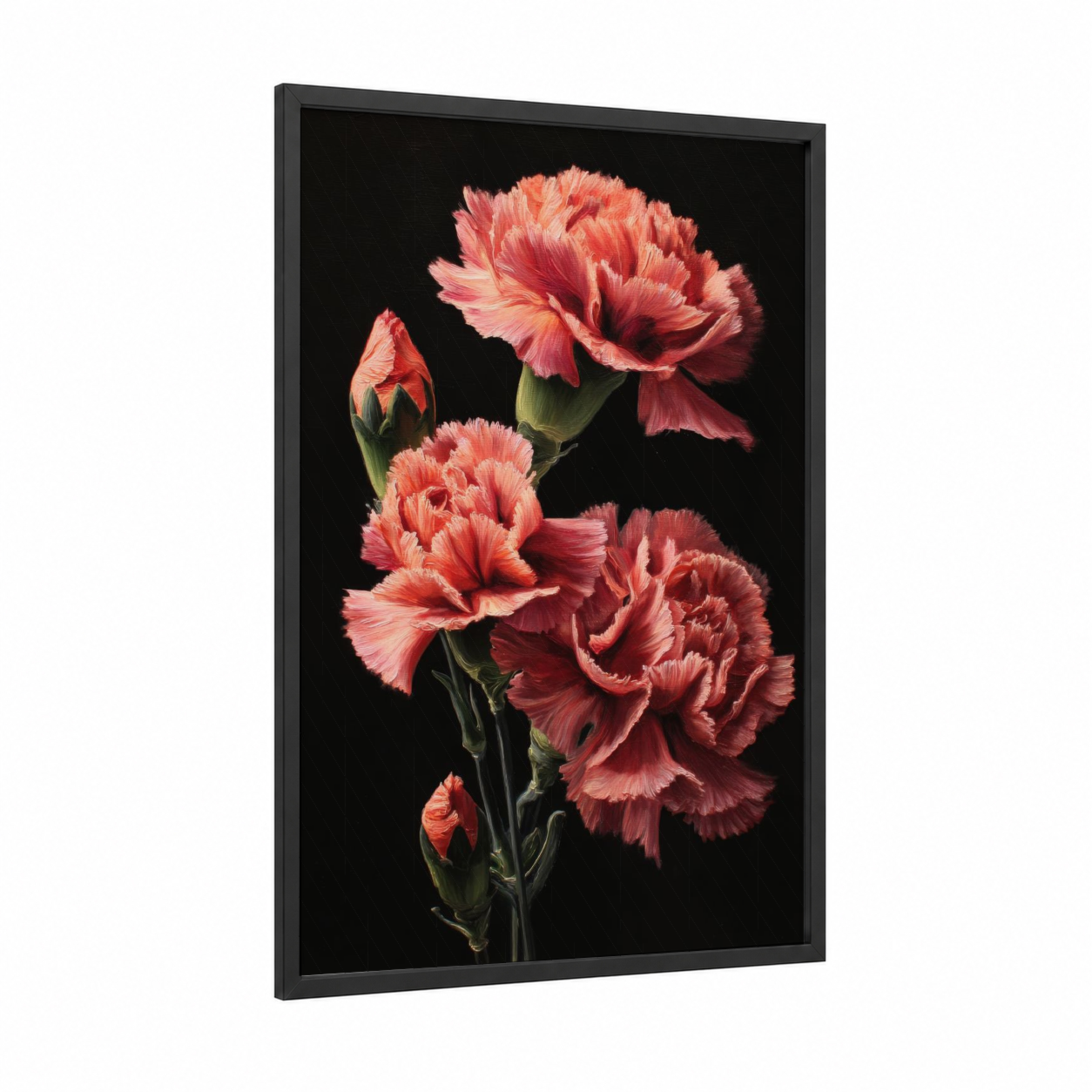 Coral Carnation Spray framed carnations print — black wood frame — salmon pink and black palette